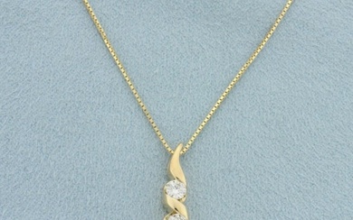 Italian Ribbon Design 3 Stone Diamond Necklace in 14k Yellow Gold