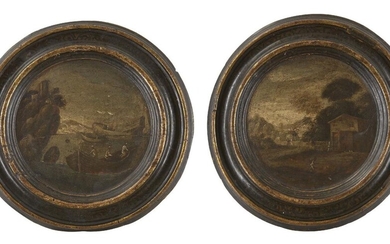 Italian School, 18th Century- Rural scene with figures and a dwelling; And Ships at sea; oils on panels, tondos, each 22 x 22 cm., a pair (2). Each held in matching parcel gilded and ebonised tondo engaged frames with hand-painted foliate decoration.