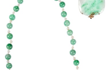 Jade and Pearl Bead Necklace with Garnet and Diamond Clasp and 14kt. Jade Brooch
