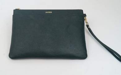 Jaeger Couture: a dark green leather clutch with wrist strap and gilt fittings and zip, green canvas interior with green and gilded logo, gilded logo to the exterior, approximately 20.5cm x 27cm x 4.5cm, together with a navy blue dress retailed by...