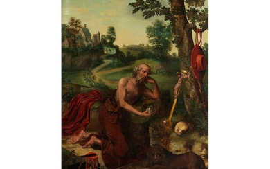 Jan Sanders van Hemessen, 1500/04 Hemiksem bei Antwerpen - 1566/75, DER BETENDE HEILIGE HIERONYMUS IN LANDSCHAFT
