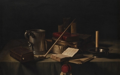 Johannes Hendrik Eversen Tabletop Still Life with Books, Pewter Tankard, Candlestand and Pipe