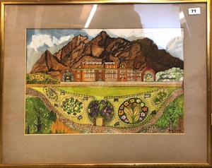John Thomas Jackson (British 1883 - 1965). A gilt framed naive watercolour of a park scene with mountain background, framed 70 x 54cm.
