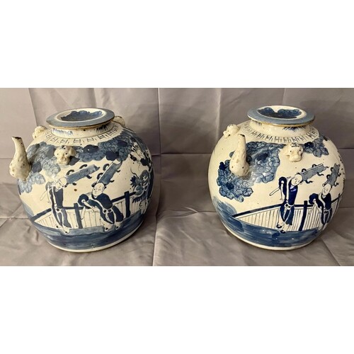 KETTLE POTS, a pair, Chinese export style blue and white, 30...