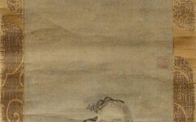 Kakémono "Old wise man" black ink wash on paper. Signed top right, stamped in red. Chinese work. Period: late 17th - early 18th (?). Size : 87,5x38cm.