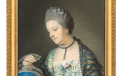 Katherine Read (1723-1778), Portrait of Lady Louisa Conolly, née Lennox (1743-1821), half-length, in a yellow and blue striped dress with a black lace shawl, holding lace and a bobbin