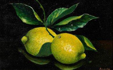 Kay Ameche (American, 1904-2005) Two Lemons Signed 'Ameche' lower right, annotated 'Ameche 67 Respite 2 lemons #266' on the reverse. Oil on canvas, framed. 8 x 10 in. (20.4 x 25.4 cm)