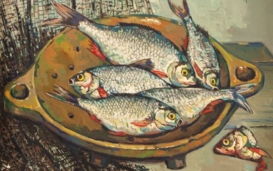 Klaas Zwaan (1922-1998), still life with fishes on a ceramic...
