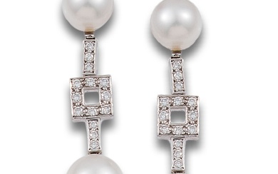 LONG SIGNED VASARI EARRINGS WITH DIAMONDS, AUSTRALIAN PEARLS AND WHITE GOLD