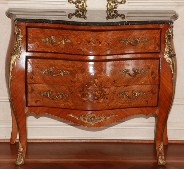 LOUIS XVI STYLE SATINWOOD MARBLE TOP COMMODE, H 35", W 41", D 18"