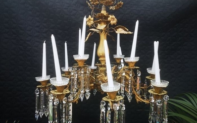 Large And Impressive Italian Chandelier Cica 1880 - Gold Gilt Metal & Crystal - 19th century