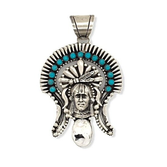 Large Navajo Turquoise & White Buffalo Chief Pendant