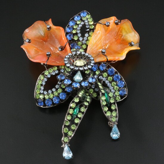 Large Runway Orchid Brooch with Art Glass and Rhinestones