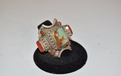 Large Sterling Silver Turquoise and Coral Ring sz 10