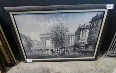 Large greyscale acrylic on canvas street scene, signed BurnenLarge greyscale...