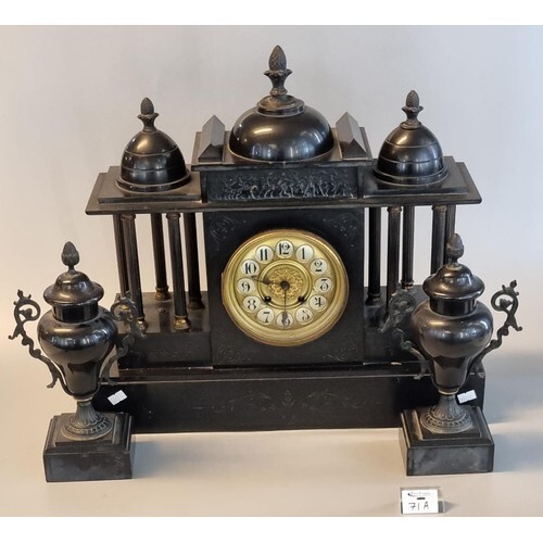 Late 19th Century black slate architectural clock garniture,...