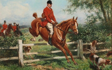 Leon Auguste Abry, oil, equestrian huntsman jumping
