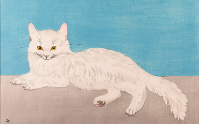 Léonard Tsuguharu Foujita, Japanese/French 1886-1968, White Cat; woodblock print in...