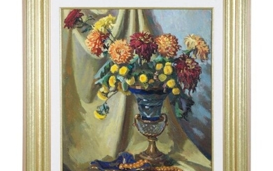 Lg Vintage Still Life Painting of Vase of Flowers, Sgnd