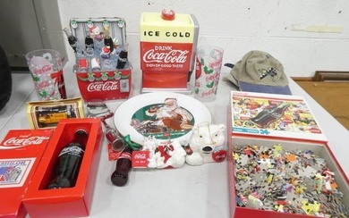 Lot of Coca Cola Items incl Coca Cola Cookie Jar, Coke Puzzle, 2 Christmas Coca Cola Glasses
