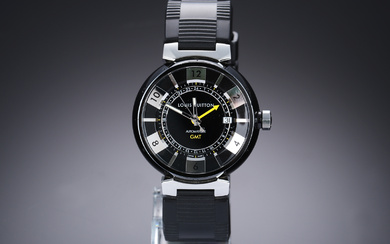 Louis Vuitton 'Tambour GMT'. Men's watch in PVD treated steel with black dial, 2010s