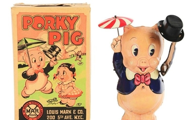 MARX TIN-LITHO WIND-UP PORKY PIG WITH TOP HAT TOY IN