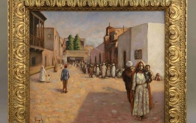 MODERN SCHOOL: GERGELY Orientalist street scene Oil on panel signed lower left. 46 x 55 cm