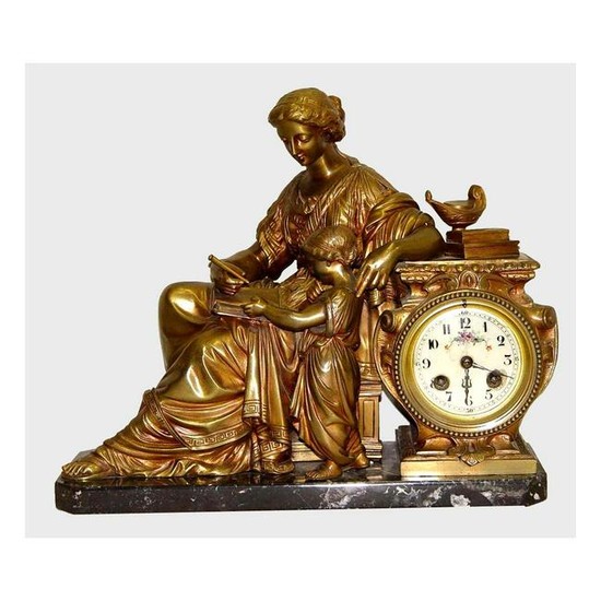 MOTHER n CHILD 19TH CENTURY FRENCH BRONZE MANTLE CLOCK