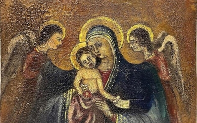 Madonna with Child on her lap and two adoring angels on