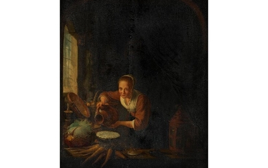 Maler wohl des späten 17. Jahrhunderts, Kreis des Gerrit Dou, 1613 Leiden – 1675 ebenda, JUNGE MAGD MIT KÜCHENINTERIEUR