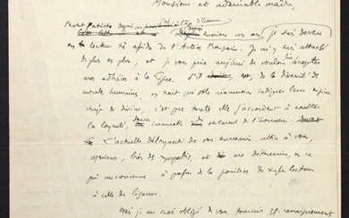 Manuscrit autographe signé] Brouillon de lettre à Charles Maurras pour demander son adhésion à l'Action française