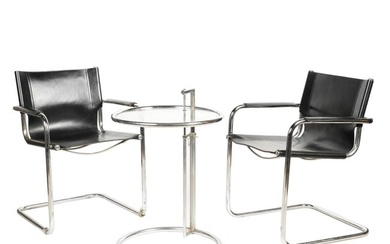 Mart Stam Style Pair Chrome/Leather armchairs, and Eileen Gray Style Chrome/glass Side Table