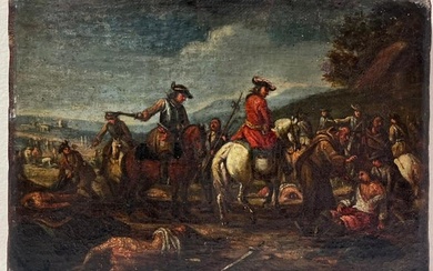 Military Encampment Soldiers on Horseback Dusk Landscape 1700's Oil Painting
