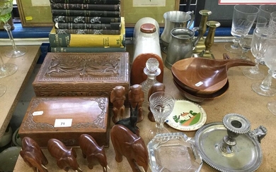 Mixed group of items to include African carved animals and boxes, Richard Gordon Doctor books, glass and sundries