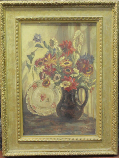 Muriel Wheeler - Still Life of Flowers in a Jug, oil on board, signed with initials and dated '