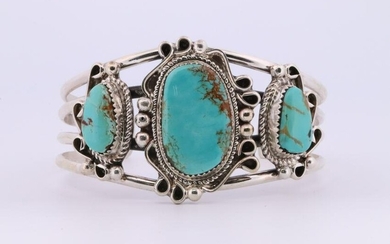 Native American Navajo Handmade Sterling Silver Turquoise Bracelet By D.N.