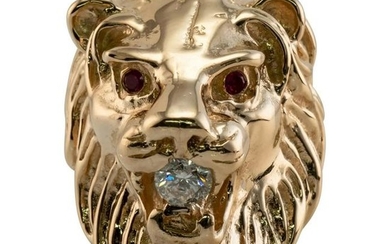 Natural Diamond Lion Ring Genuine Ruby 14K Gold Heavy