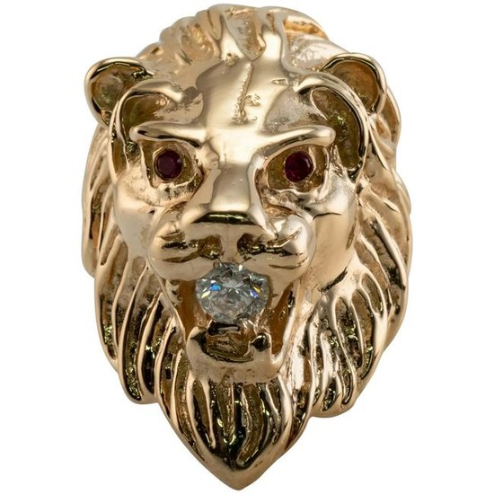 Natural Diamond Lion Ring Genuine Ruby 14K Gold Heavy