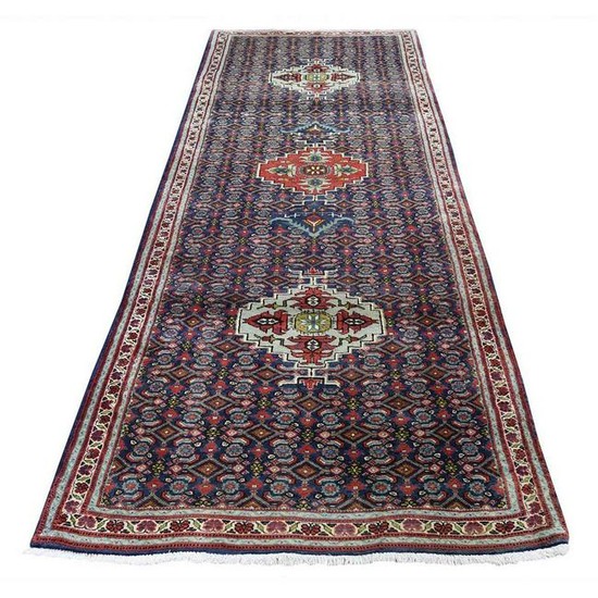 Navy Vintage Persian Fish Design Hand-Knotted Runner