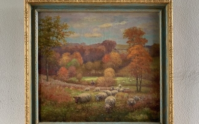 Oil/Canvas "Fall Landscape & Sheep" by Charles Meurer