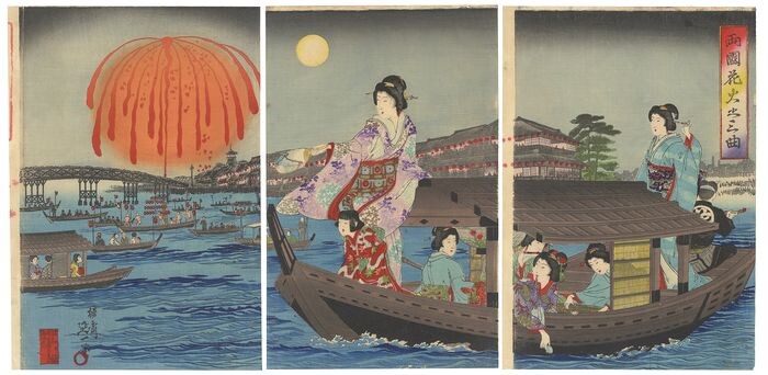 Original woodblock print triptych - Washi paper - Fireworks, Kimono - Watanabe Yosai Nobukazu (1872-1944) - "Ryōgoku hanabi no sankyoku" 両国花火之三曲 (Trio of Fireworks at Ryogoku) - Japan - ca 1890s