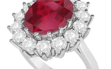 Oval Ruby and Diamond Ring 14k White Gold 5.40ctw