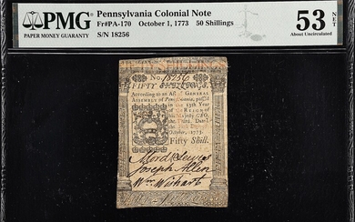 PA-170. Pennsylvania. October 1, 1773. 50 Shillings. PMG About Uncirculated 53 Net. Previously Mounted.