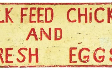 PAINTED WOOD MILK FEED CHICKS AND FRESH EGGS SIGN.