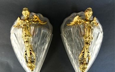 PAIR FRENCH DORE BRONZE & GLASS SCONCES