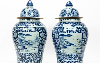 PAIR LARGE CHINESE BALUSTER FORM BLUE & WHITE URNS