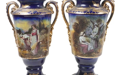 PAIR OF A.G. HARLEY JONES (ENGLAND) CERAMIC URNS WITH 'THE GLEANERS', FIRST HALF 20TH CENTURY Height: 16 in. (40.6 cm.)