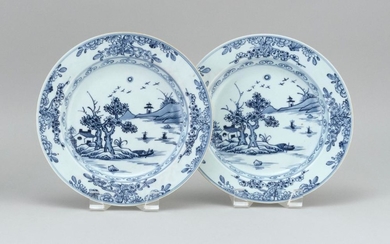 PAIR OF CHINESE BLUE AND WHITE PORCELAIN DISHES IN KANGXI STYLE With landscape decorations. Diameter 9.1".