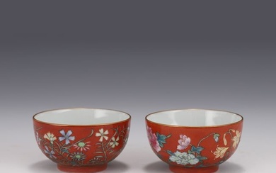 PAIR OF QING FLORAL ON RUBY RED BOWLS, JIAQING MARK