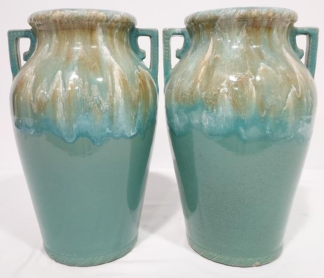 PAIR VINTAGE GREEN GLAZED POTTERY PLANTERS